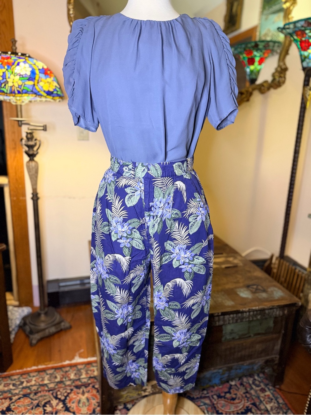 Ann Taylor Silk Chiffon Top w/Vintage Gap High-Waist Hawaiian Crop Pants - Blue